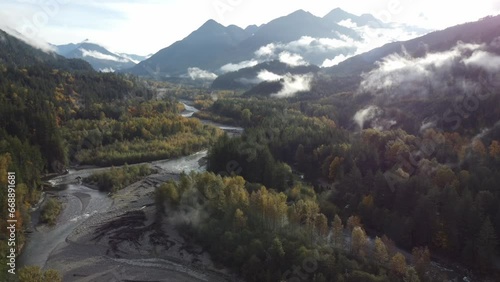Aerial perspectives of Chilliwack river and grandeur of surrounding mountains