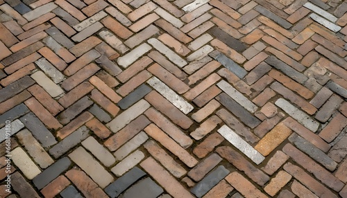 Detailed view of a weathered herringbone patterned brick pavement