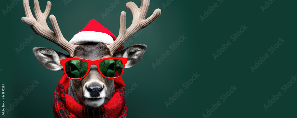 reindeer with glasses wearing santa hat on green background - obrazy, fototapety, plakaty 