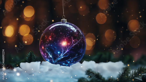 Snowy Glow: Christmas Bauble Illuminated with Festive Lights.