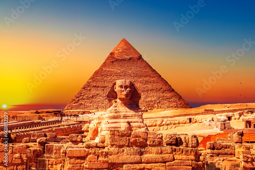 Pyramid of Khafre and the Great Sphinx at dawn.