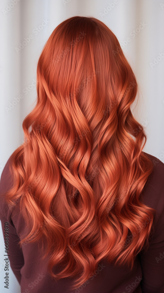 Fryzura - piękne pofalowane i długie włosy kobiety w kolorze rudym - obrazy, fototapety, plakaty 