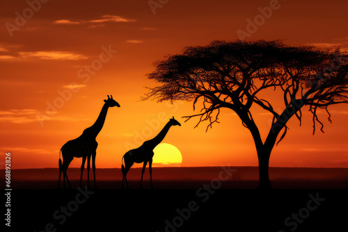 Silhouette of giraffes at sunset in Africa with a tree © O-Foto