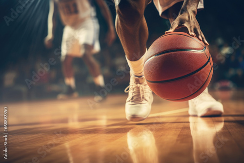 basketball player dribbling the ball close up on the court