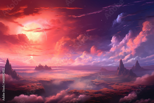 magical fantasy land with pink and purple clouds