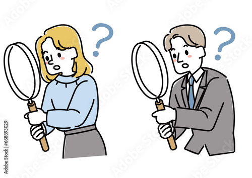 虫眼鏡を覗き込んで疑問を感じているビジネスマンのイラストセット