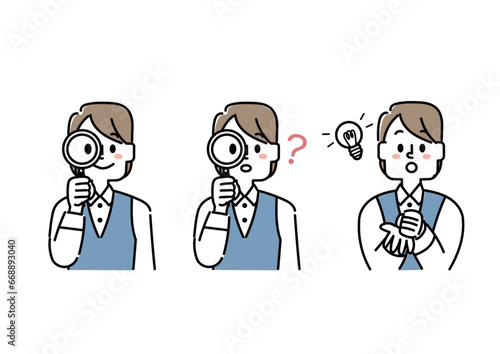 虫眼鏡を持っている会社員の女性のイラストセット