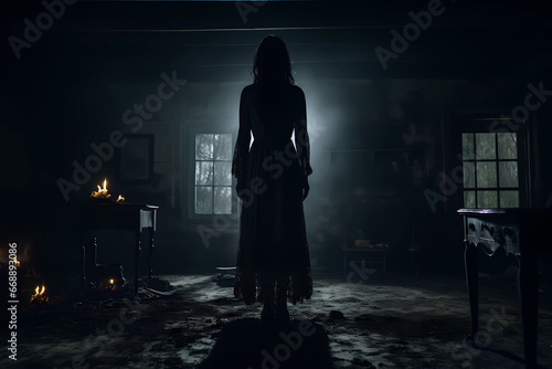In the haunting silhouette of a possessed woman  her contorted and ethereal figure stands in the heart of a dimly lit  ominous room  where the flickering candlelight casts eerie  dancing shadows