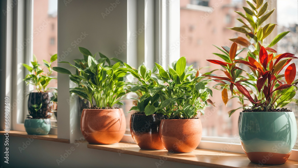 Indoor plants in pots on the window