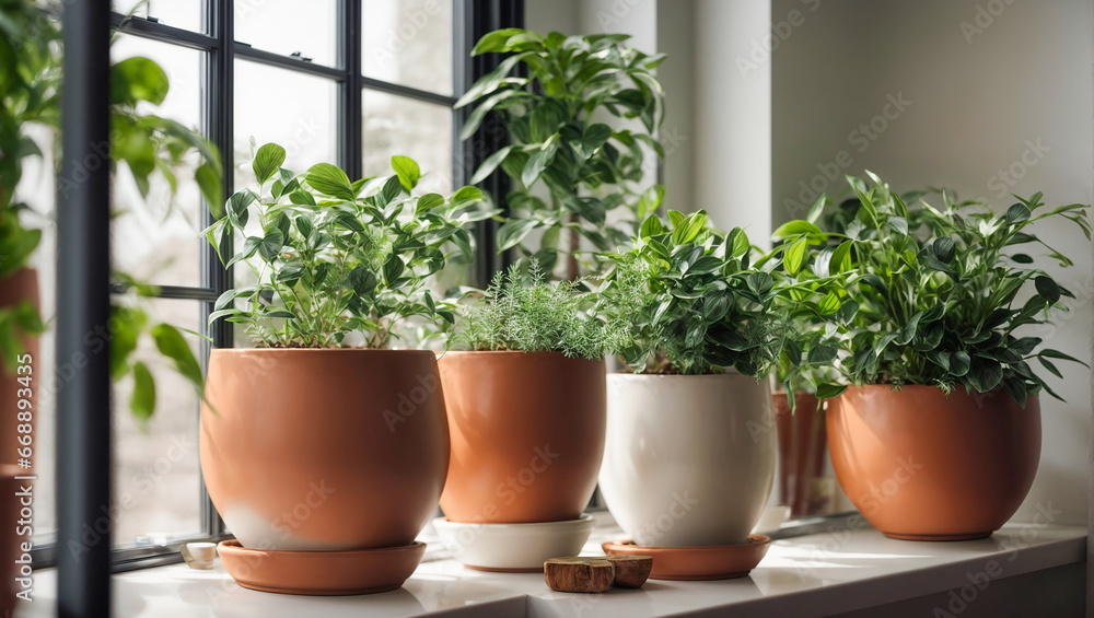 Indoor plants in pots on the window