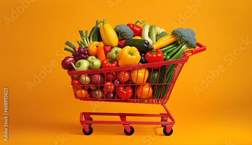 A trolly shopping cart with various vegetables and fruits on a pastel orange background. Christmas, Black Friday sale, online shopping concept. Copy space for text, advertising, banner, logo photo