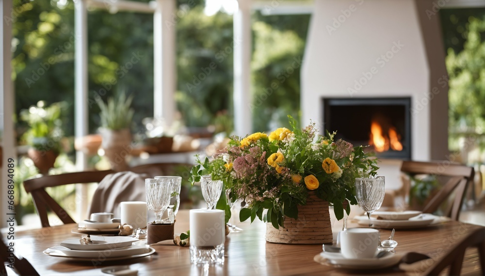 Fototapeta premium Outdoor deck access from sunny dining space with fireplace