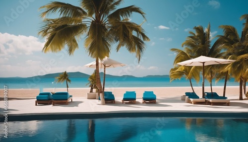 Palm trees and blue sky over luxurious swimming pool and loungers umbrellas near beach and sea © ibreakstock