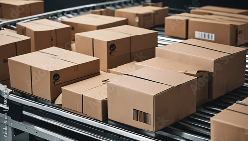 Conveyor belt with multiple cardboard box packages in close-up