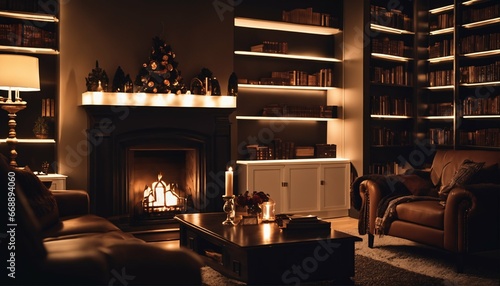 Warm fire in fireplace room: Surrounded by bookshelves and comfortable armchairs