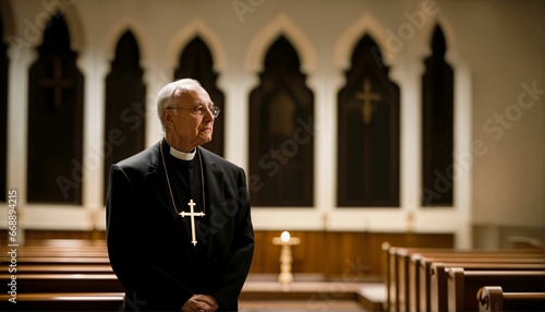 Faithful priest praying in catholic church, devoted prayer