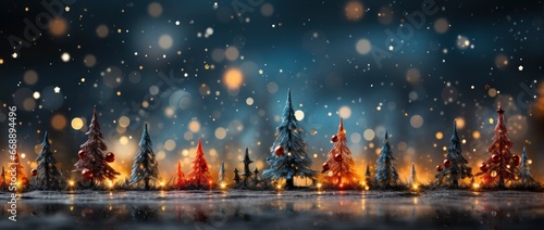 Enchanting winter scene with sparkling trees, glimmering ornaments, and starry night backdrop. Perfect for festive designs.