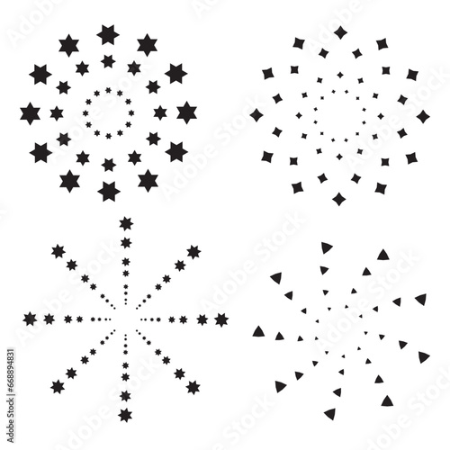  Firework icons set . Fireworks with stars and sparks isolated on white background. Firework simple black line icons isolated on transparent background