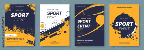 Sport Event poster template. Abstract geometric background with digital glitch elements and grunge texture. Ideal for fitness, sport, or cybersport events invitation. Vector illustration.