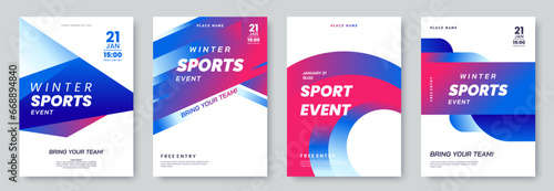 Winter sport festival poster template collection. Sports background with abstract geometric graphics and place for text. Winter outdoor event banner. Vector illustration © alexandertrou
