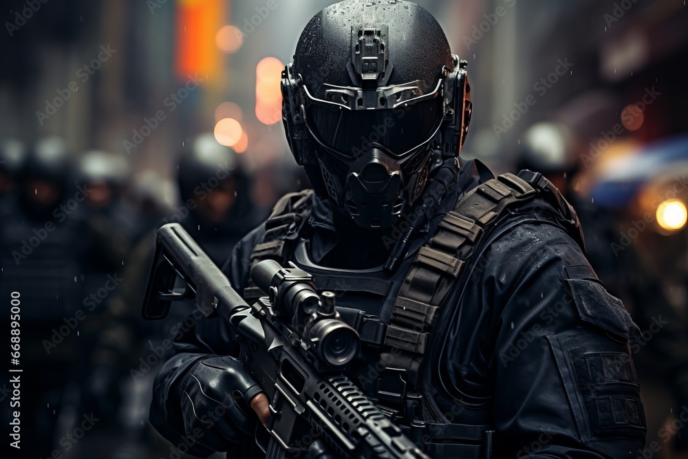 Riot police officer in helmet holds a gun Riot police officer in helmet holds a gun