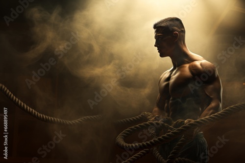 Bodybuilder Strong man working on ropes in crossfit gym