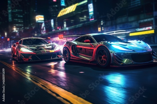 Two fast sports cars in a head to head race at night in a city. © Nicole