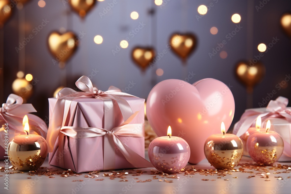 Happy Valentines day. Gift boxes with heart shaped balloons on wooden table against blurred lights