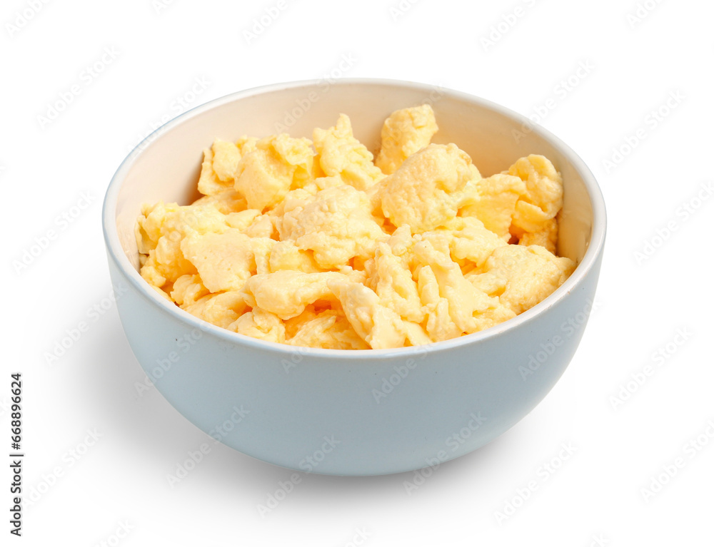 Bowl of tasty scrambled eggs on white background Bowl of tasty scrambled eggs on white background