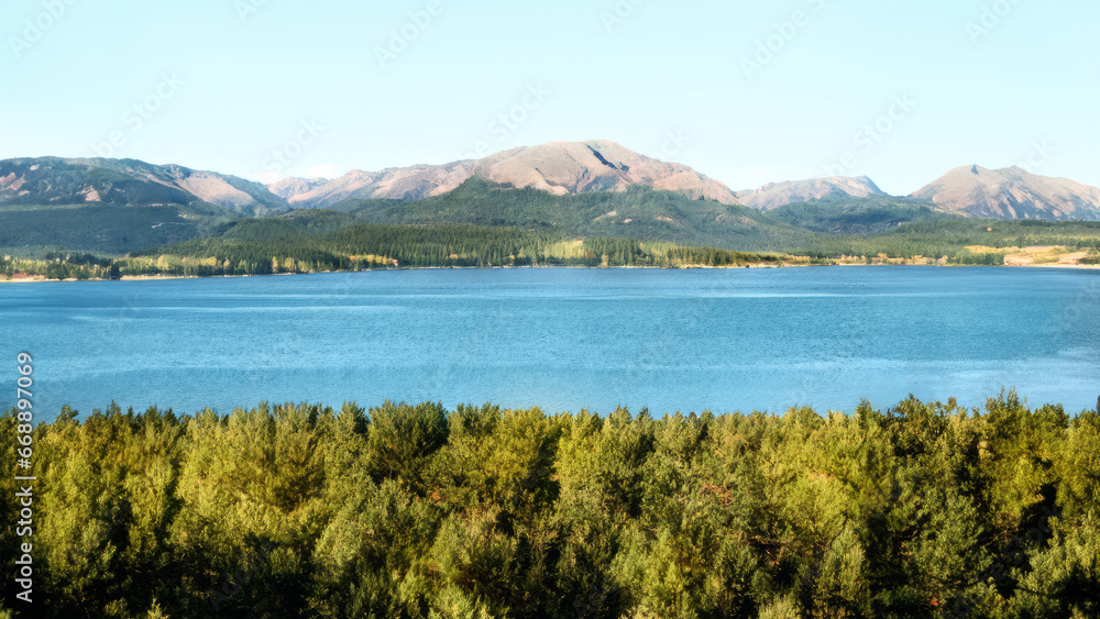 Tranquil wilderness landscape with panoramic views of mountains and forests reflected in the water of the lake