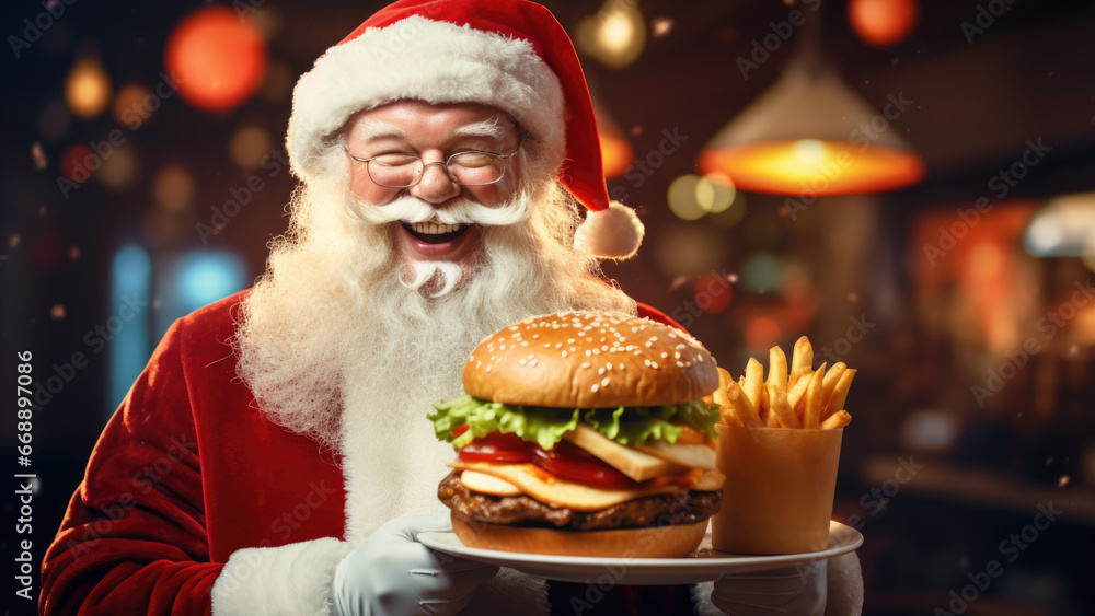 Santa Claus holding french fries and burger for Christmas fast food poster. Stock Illustration