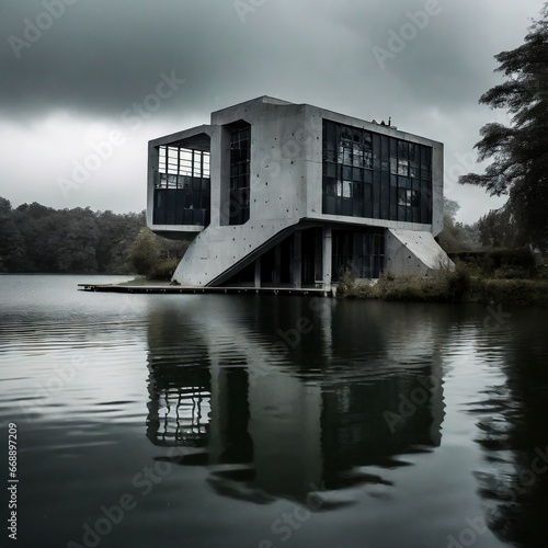 brutalistic house on a lake in the woods photo