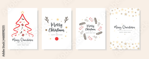 Merry Christmas and Happy New Year Set of backgrounds, greeting cards, posters, holiday covers. Xmas templates with typography and season wishes for web, social media, print