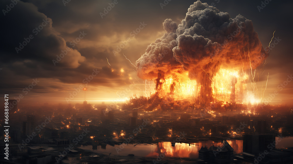 An atomic bomb destroying a city during world war An atomic bomb destroying a city during world war