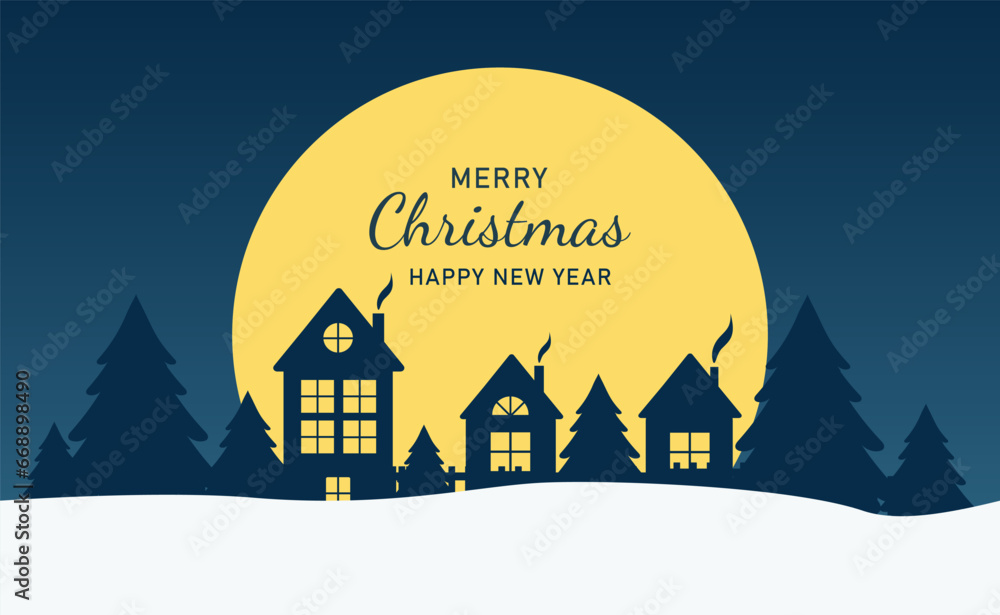 Winter village in paper cut style with yellow moon and sleigh. Merry christmas and a happy new year card. Vector
