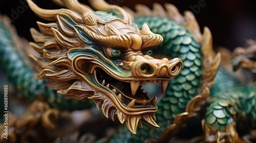 Green wooden dragon statuette background. Happy Chinese New Year 2024 celebration concept. Traditional Asian dragon zodiac sign.. © Oksana Smyshliaeva