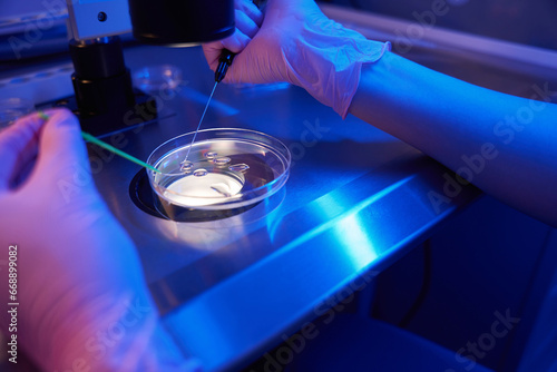 Embryologist mixing cells in culture plate during in vitro fertilization