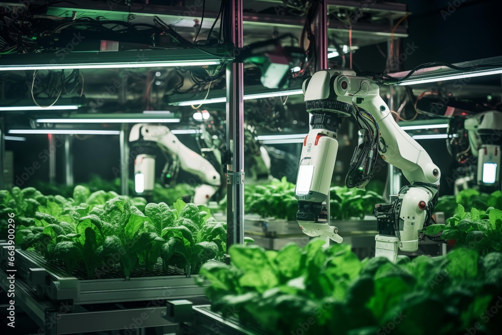 An automated robotic arms in high-tech vertical farm facility with tending to rows of leafy greens, under the cool. Farming.