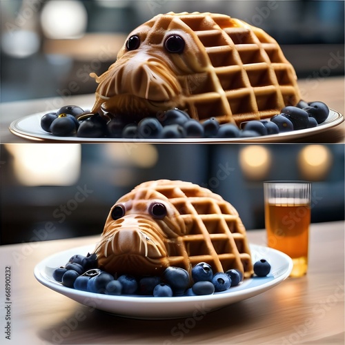 A waffle shaped like a walrus, with syrup tusks and blueberry eyes3 photo