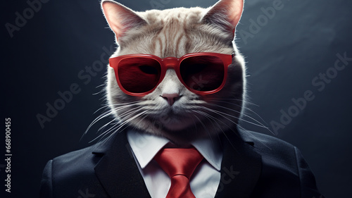 A business-savvy cat dressed in a tuxedo and wearing sunglasses  exuding an air of sophistication and professionalism.