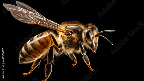 Bee close-up on black background, super insect detailing. © Yuliia Litvinova