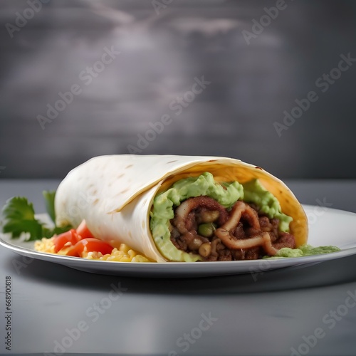 A burrito that looks like an octopus, with guacamole tentacles and sour cream suction cups1