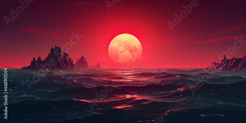 AI illustration of blood moon in a red night sky over the ocean. volcano islands  powerpoint presentation slides background