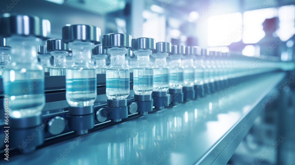 Glass bottles on the conveyor of a plant for the production of pharmaceuticals, the production of a vaccine. Glass bottles on the conveyor of a plant for the production of pharmaceuticals, the production of a vaccine.