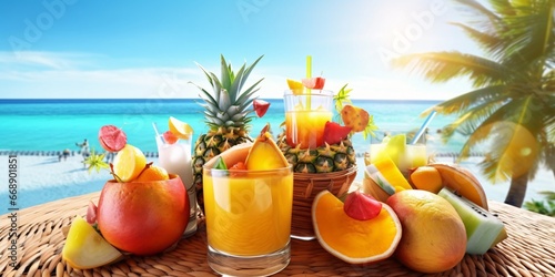 Tropical themed composition of exotic fruits. Tropical fruits against a background of blue sky and ocean. Tropical fruit juices and cocktails. © vachom