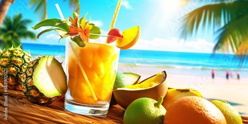 Tropical themed composition of exotic fruits. Tropical fruits against a background of blue sky and ocean. Tropical fruit juices and cocktails.