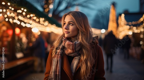 Young woman enjoys the Christmas holidays and the outdoor Christmas market