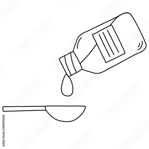 Pouring medicine syrup into measuring spoon, doodle style flat vector outline for coloring book