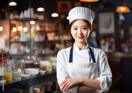 Smiling Asian Woman Chef in Cafe - Feminine Beauty with Traditional Chinese Elegance photo