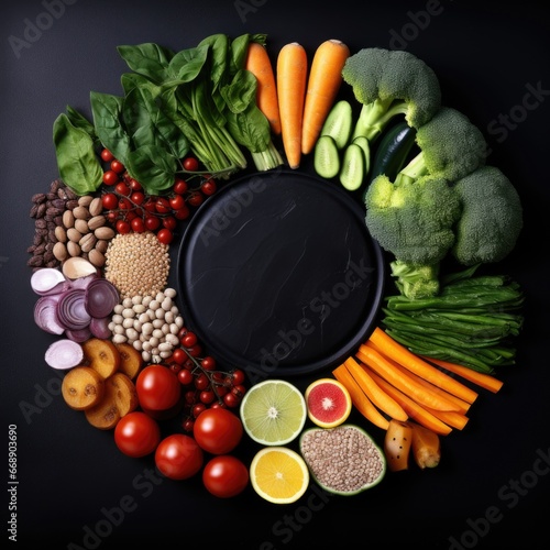 A circle of vegetables and fruits on a black surface. Veganuary, vegan January.